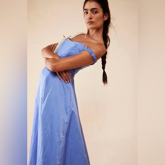 NWOT Free People Formal Prom Iris Blue Midi Dress Off The Shoulder Ruched - Picture 4 of 7